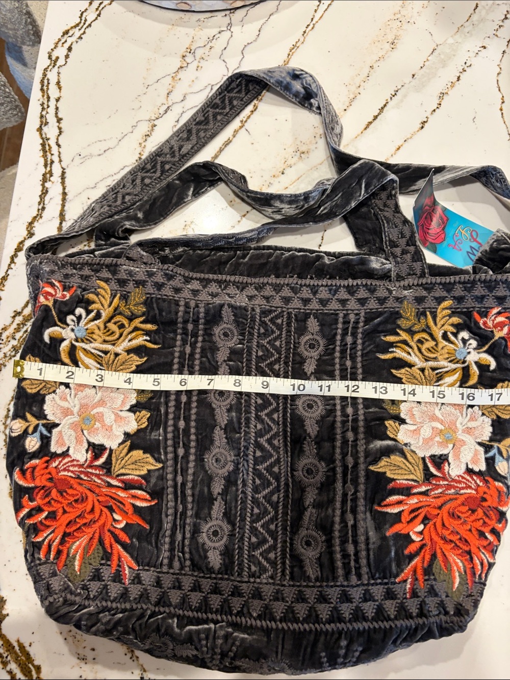 Johnny Was Charcoal Velvet Tote with Red, Pink and Gold Embroidery